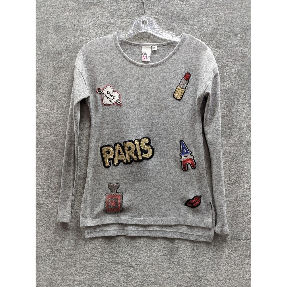 Oh MG! Sweater Teens Small Gray Paris‎ Sequin Graphic Long Sleeve Knit Pullover